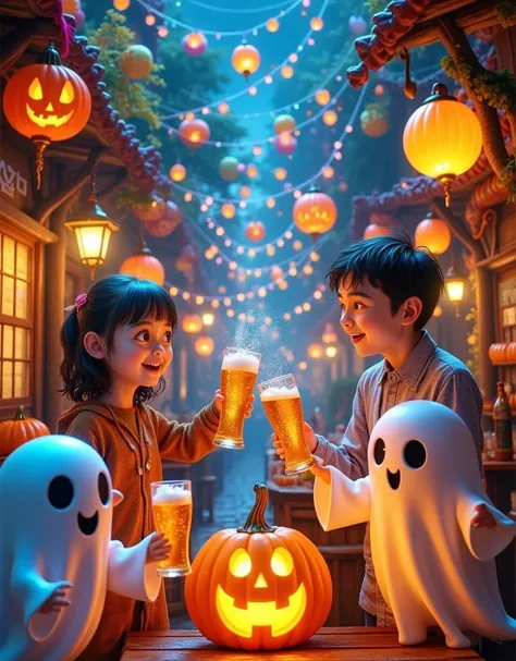 In a vibrant Hong Kong bar, a group of mischievous ghosts and a Hong Kong man gather to raise their glasses in a toast. The atmosphere is electric with Halloween revelry, as they savor the crisp taste of Asahi Japanese beer. The Pixar-inspired scene bursts...