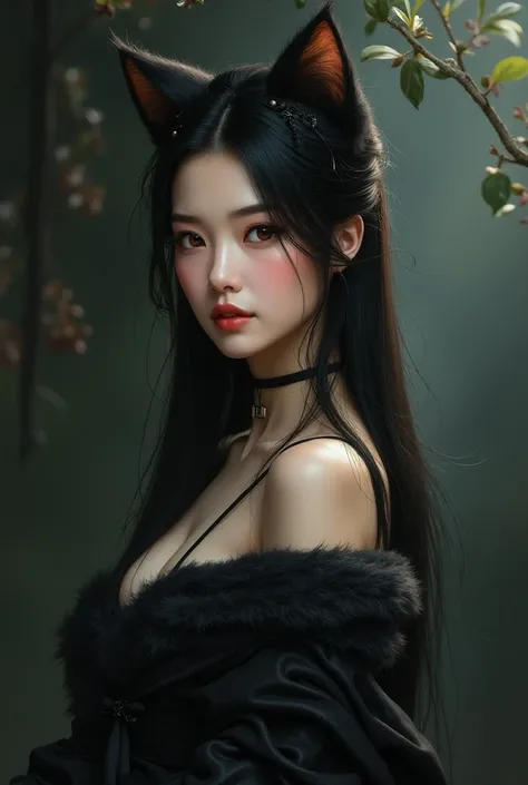 Chinese lady with beautiful black hair wearing a cat costume