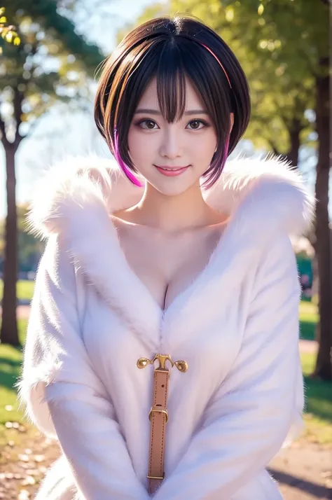 ultra sexy female, (-anime), only 1 female, very short hair, beautiful smile, lipgloss, long lashes, defined eyebrows, magical girl cosplay, fluffy fur vivid colors outfit, cosplay accessoires, look at the camera, cinematic light, large park background wit...