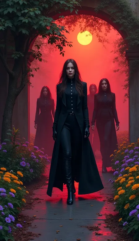  Photo Digital painting a garden hidden deep in the shadows with a Gothic style and a dark and temperamental atmosphere.  There is a successful woman parading in a Matrix-style outfit  , " And other women dressed behind her"  and colorful flowers scattered...