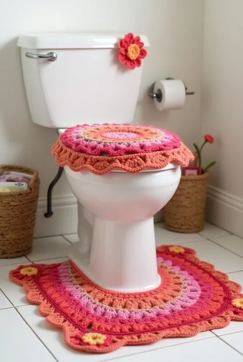  Crochet toilet foot rug,  Crochet rug for bathroom sink ,  crochet cover for attached dumpster box ,  crochet cover for toilet lid ,  all pieces in the colors salmon , hot pink and pink ,  all pieces decorated with crochet flowers at the ends and with ope...