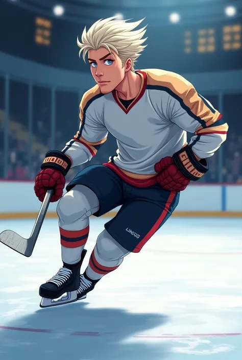 realistic cartoon of a male hockey player with almost white blond hair, in a skating rink 