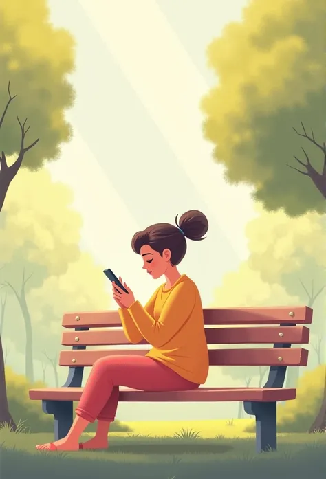 "A soft, pastel-colored illustration of a woman sitting alone on a park bench, looking thoughtful. She holds her phone tightly, as if waiting for a message, but her expression shows uncertainty. The background is filled with soft trees and sunlight filteri...