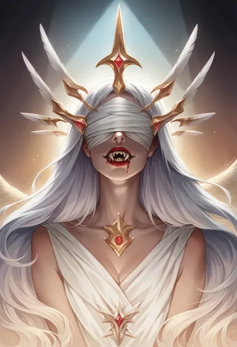 Female blindfolded suffering angel vampire hybrid with wings, sharp white fangs showing in thier mouth with blindfold, eyes bleeding, blood bleed out from thier eyes. Eyes covered entirely by bandage eyes not visable but blood is bleeding out from thier ey...