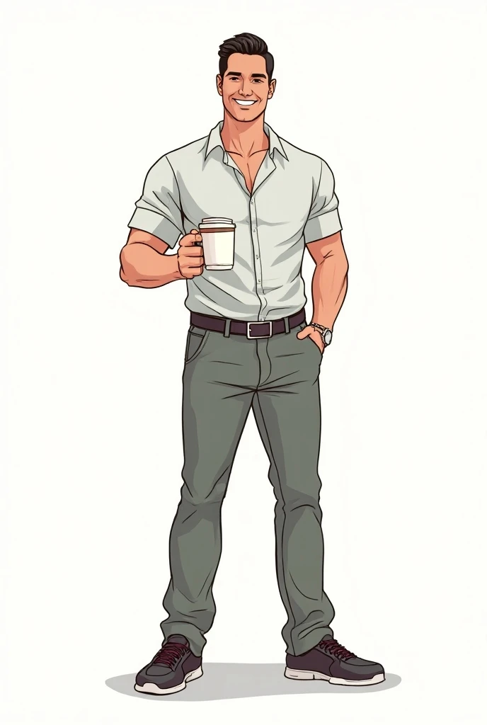  a coloring drawing of a tall man , with tidy hair , a little strong,  holding a cup of coffee ,  dressed in pants and a short sleeve blouse inside his pants, With a belt