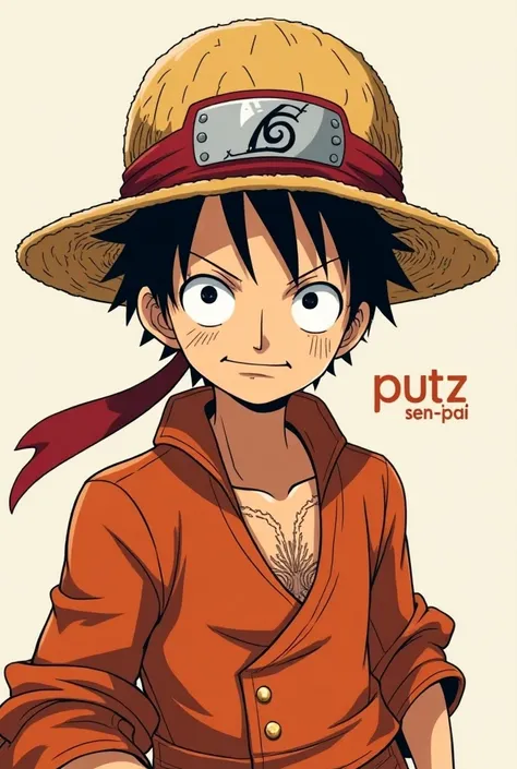 Create a profile picture with Luffys hat and Narutos headband written " Putz senpai "