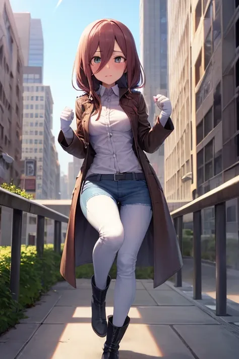 Masterpiece, best quality, ultra detailed, illustration, lighting epic, cinematic composition, 1 girl, Miku Nakano, brown hair, small breasts, green eyes, bright eyes, blushing, closed mouth, full body, tall, long beige trench coat, open trench coat, black...