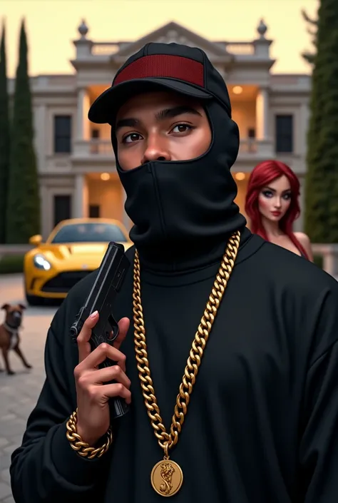 Rap singer gold cord around his neck with a gun in his hand next to a red-haired white woman and the side of a pitbull behind them a luxury car in the background of a mansion he is a rapper 