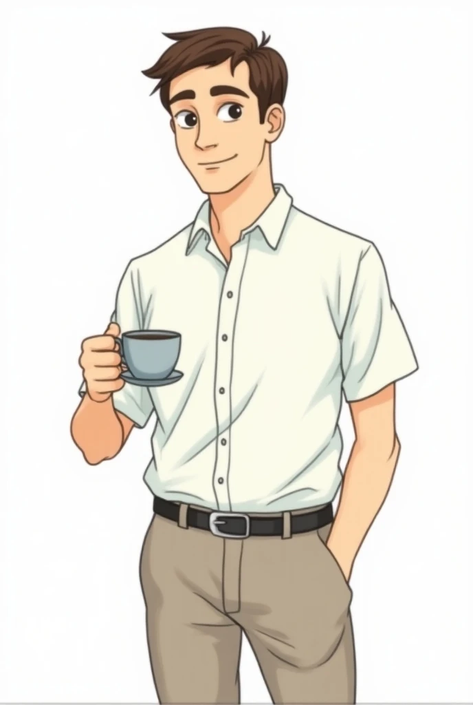  a coloring drawing of a tall man , with tidy hair , holding a small cup of coffee ,  dressed with pants and a short sleeve blouse inside the pants, With a belt