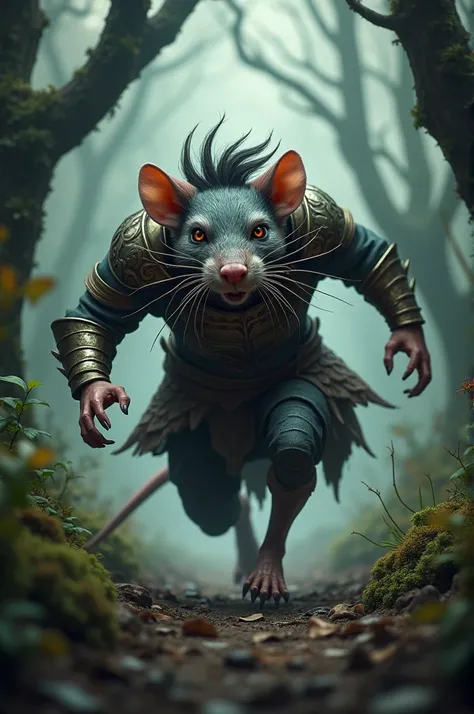 Create a humanized rat , with armor, long hair clutched back and a long mustache,  running through a slightly creepy forest