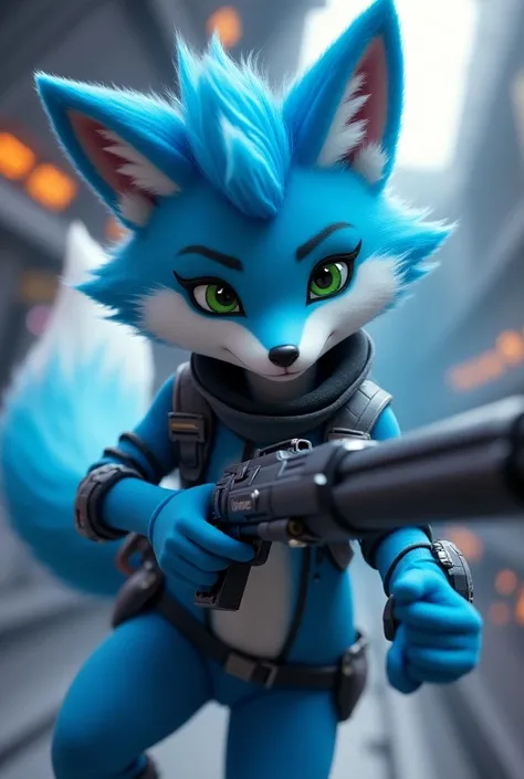 Generate the image of an anthropomorphic blue fox, with a bright blue coat.  His eyes are large and expressive with long eyelashes of a deep green color ,  giving her a decisive and friendly expression .  He wears a tight space pilot outfit , on the chest ...