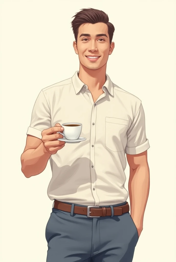  a coloring drawing of a tall man , with tidy hair , holding a small cup of coffee ,  dressed in pants and a short sleeve blouse inside his pants, With a belt, Marked jawbone and some muscle in the arms