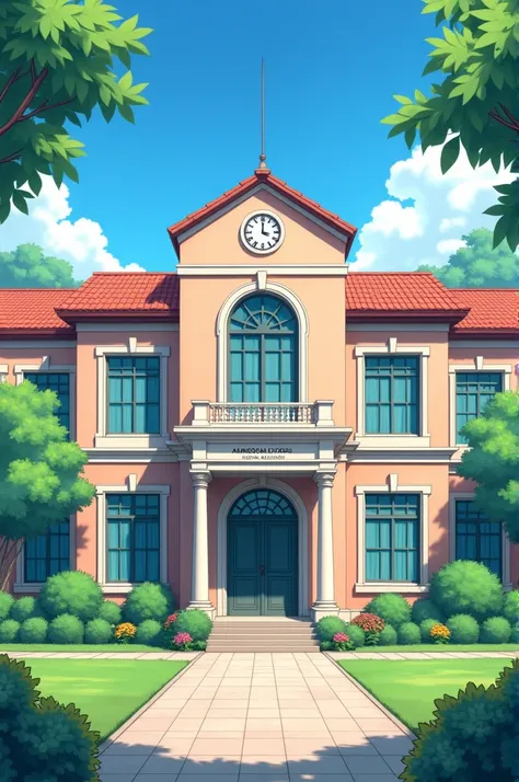 Small high school with front view and anime style