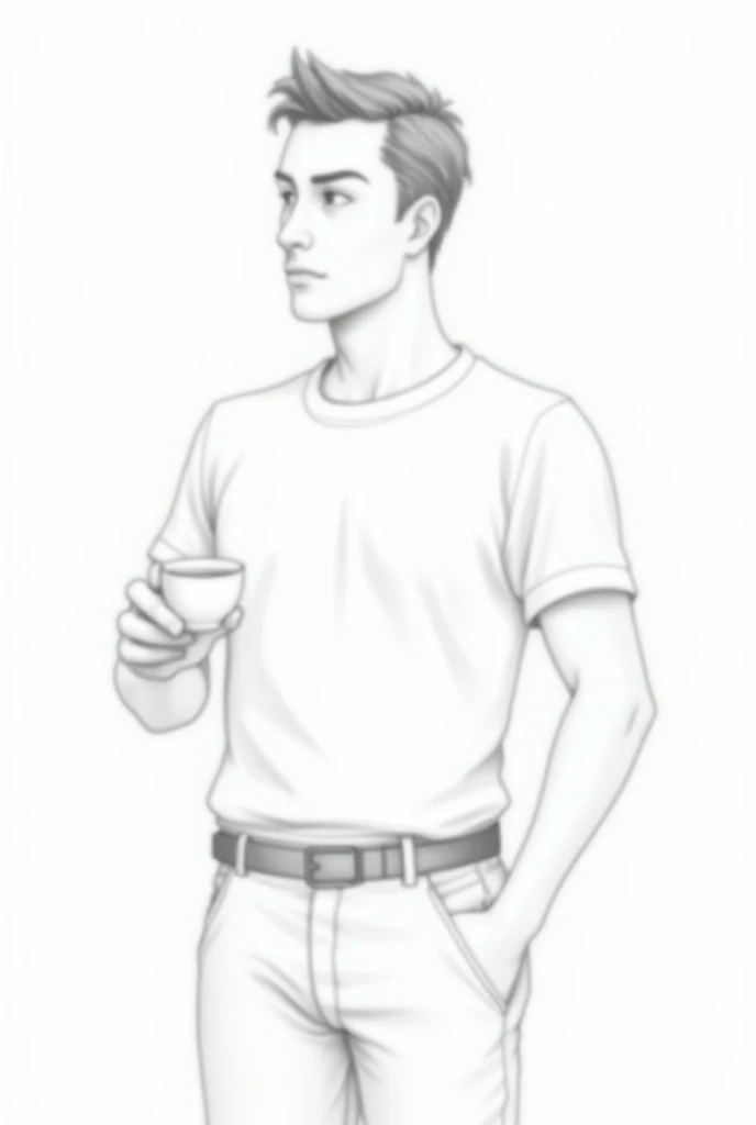 a black and white drawing of a mans tall , with tidy hair , holding a small cup of coffee ,  dressed in pants and a short sleeve blouse inside his pants, With a belt,  marked maxillary face and some muscle in his arms