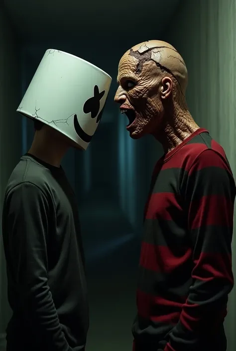 18-year-old boy with a DJ Marshmello helmet as his head next to the character of Freddy Kruger with a shattered face