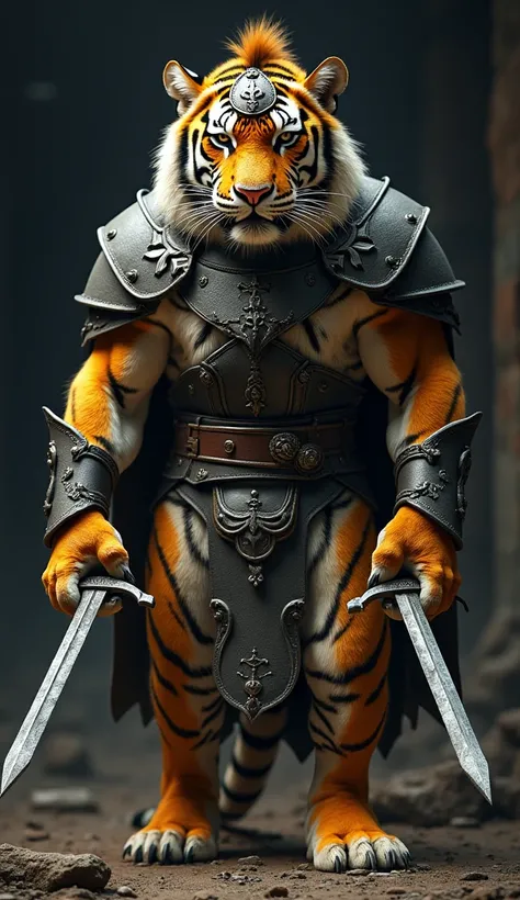 Tiger standing, equipped with swords on his paws ,  wearing an iron helmet and combat armor