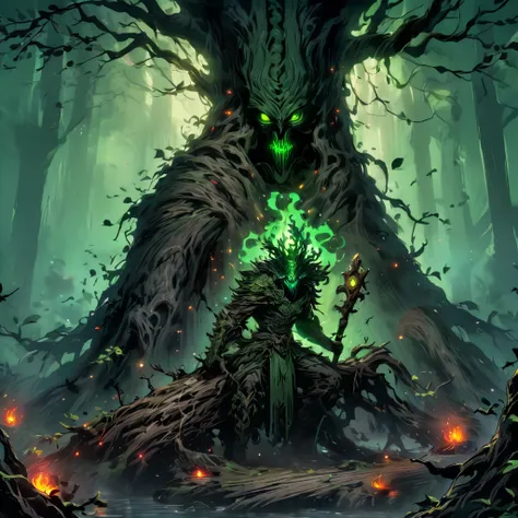  Dark Soul Boss ,Elden Ring Style,  Fallen Tree Man  ,  Mysterious Being in the Tree  , 8 length ,  Thick Roots Appeared from behind  .,  Damaged Wooden Hand and Arm  ,  Hold a dead branch with a rune like a spear,  Poisonous Fruit is a Bomb  ,Thick trunk ...