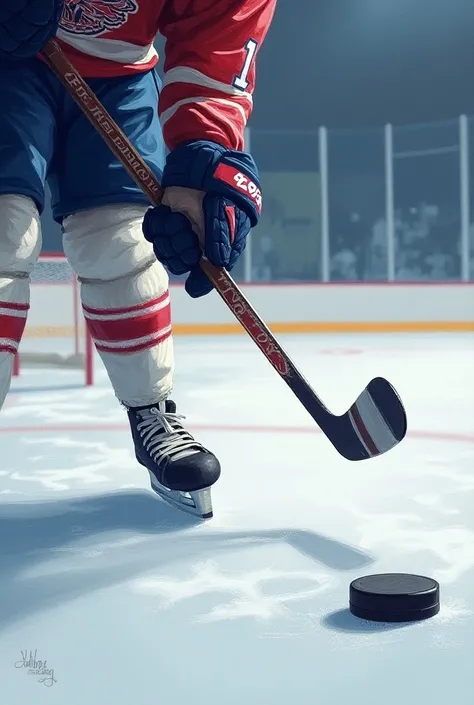  realistic drawing of an arm holding a hockey stick,With the goal and the hockey puck in front, on an ice rink 