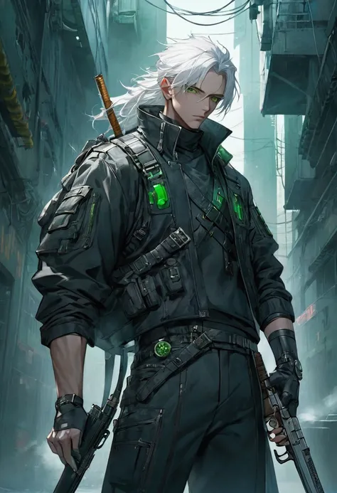 Cyberpunk ninja male, Smoking a cigarette, white hair, green eyes,  holding a revolver, with a sword on his back. No mask