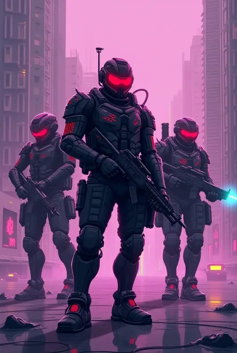 Special forces army with evil robotic parts with red-style weapons with purple style and that have variations of different weapons and accessories neon pixel art 