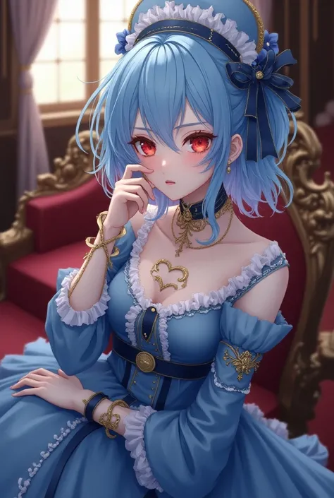 A beautiful blue-white haired girl with red eyes ,  dressed in Victorian era in blue with white details with a patch on the left eye in the background a tea room from the ancient noble era anime style 