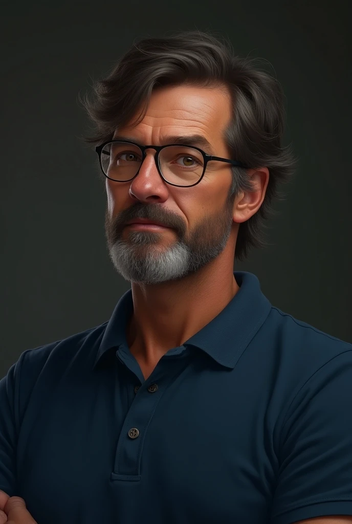 adult man with medium-dark blue polo shirt medium-long hair with glasses and brown eyes
Looking the other way and that it is a polo shirt does not shirt the beard a little longer but that does not exceed the bone chin yes but not much
