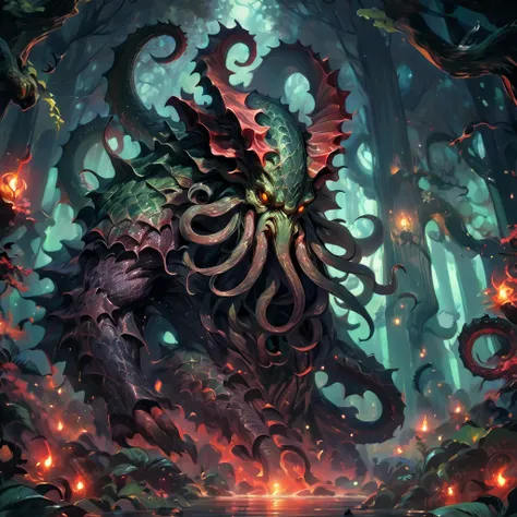  ferocious mythical creatures, Dark armor-like scales, Huge spiral horn,The background is a forest、Cthulhu , Strong dramatic lighting, , Shadows reflected on the scales, intense and powerful atmosphere ,  close-up view ,  The depth of the written world , H...