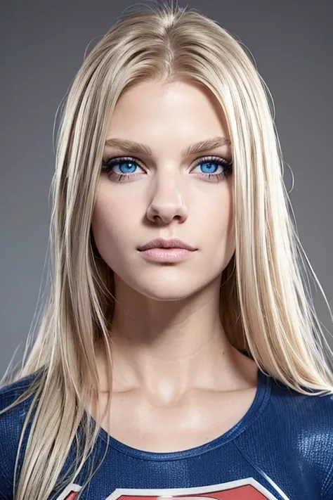 beautiful. perfect, blonde hair, medium hair, straight hair, blue eyes. (Location: gray wall, gray background). Vibrant Blue Eye. hair falling over one eye, emo bangs. perfect skin, white skin. thin nose, thin chin , supergirl portrait