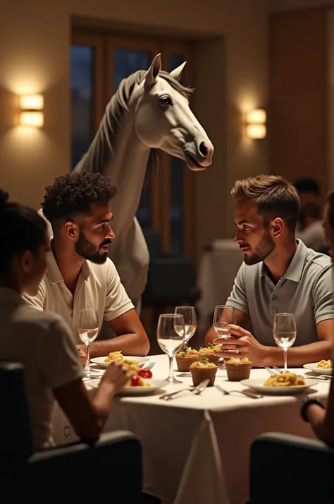 Neymar having dinner with Manuel Gomes and a three-year-old horse with several tails in the background