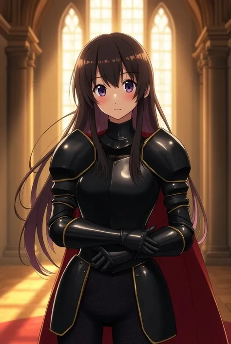 art of Yaguru Magiku ,  A teenage girl wearing black knight armor, smile good,   in the animation style of Kyoto in the 2010s  , official art, ((((black hair)), Haruhi Suzumiya&#39;s eyes, Haruhi Suzumiya&#39;s face)), beautiful symmetrical face,  ponytail...