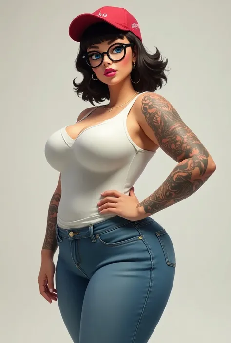 Pawg female, brunette medium length bowl hair style, blue eyes, white tank top, blue jean pants, pink lipstick on lips, red bandanna cap, black circle framed glasses, white slip-on shoes, arms and chest circle tribal tattoos 