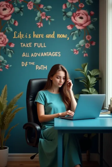 Create an image of a beautiful woman,  she has brown hair and honey-colored eyes ,  wearing a blue t-shirt and a long green skirt ,  she is sitting in a black office chair ,  she studies on a laptop at a blue table in L  ,  the wall of this office has dark...