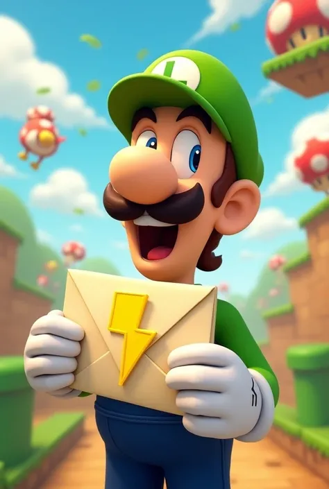 Luigi laughing showing a letter with a picture of yellow lightning