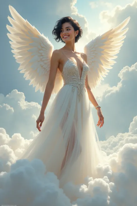 
portret realistyczny 16k beauty face a painting of a woman in a white and silver dress standing on a cloud, cloud goddess, ethereal!!!, ethereal beauty, extremely beautiful and ethereal, ethereal!!!!!!!, incredibly ethereal, a stunning young ethereal figu...