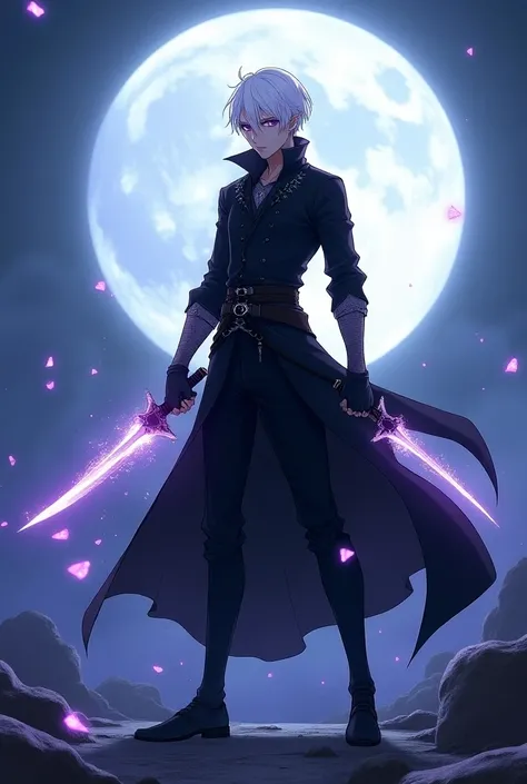 Moon elf man image with black clothes he is an assassin has short white male hair with purple eyes and two daggers with very strong auras scattered across the background of the moon he has a purple aura in the anime-style RPG style