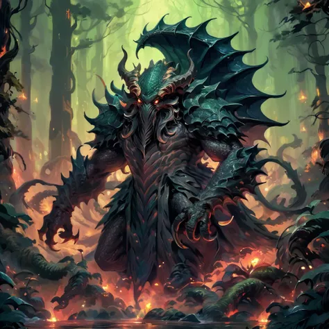  ferocious mythical creatures, Dark armor-like scales, Huge spiral horn,The background is a forest、Cthulhu , feathered、Whole body、, Shadows reflected on the scales, intense and powerful atmosphere , 