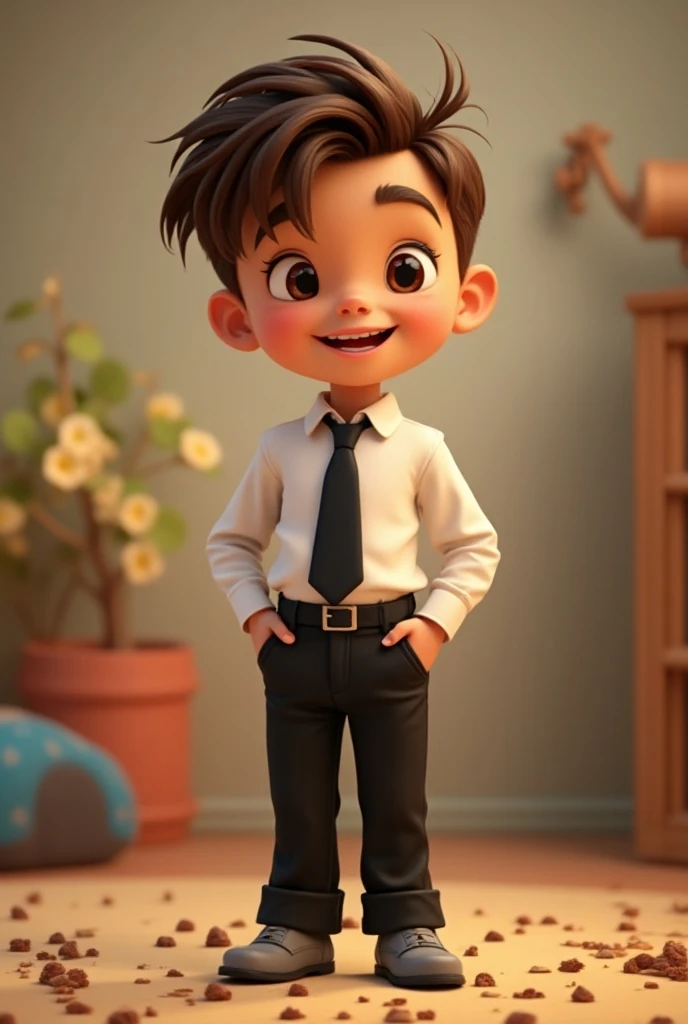 A boy s with brown hair He wears a white shirt with a black tie, black pants and gray shoes Disney Pixar