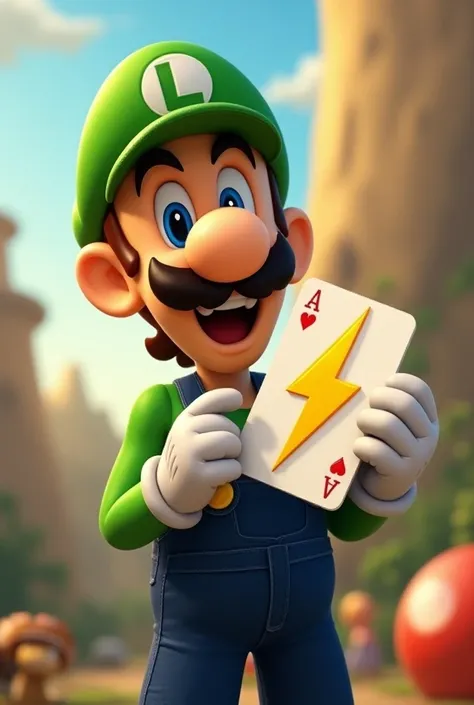 Luigi laughing showing a playing card with a picture of a yellow lightning bolt