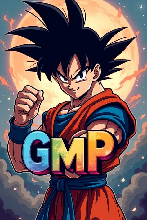 logo for GMP Sublimation colored with colored letters and with Goku in the background 