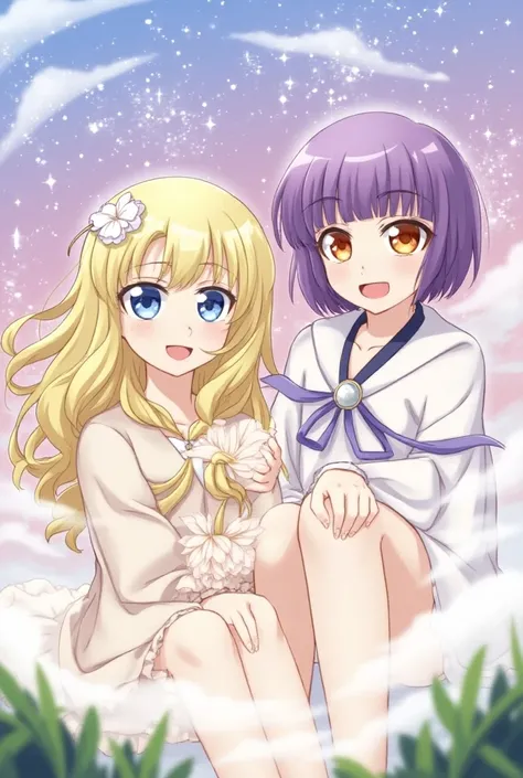 A BLOND GIRL WITH BLUE EYES AND A GIRL WITH PURPLE HAIR AND ORANGE EYES ANIME