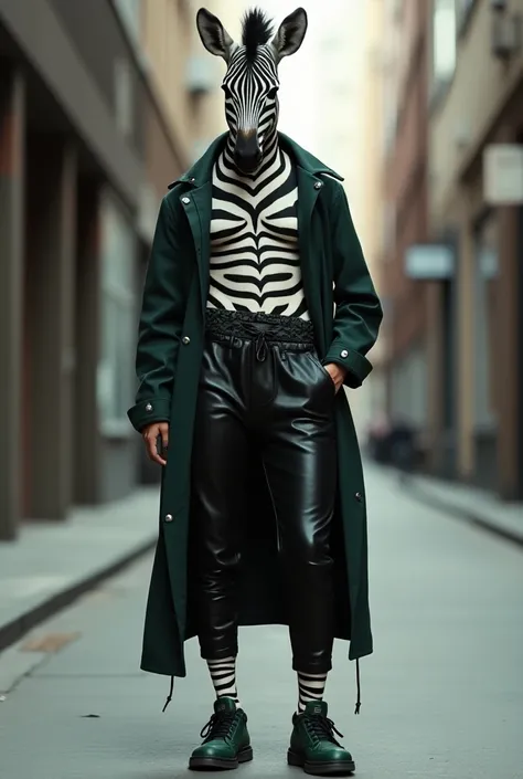 female zebra without a coat ,  with black leather pants ,  black drawstring and dark green sneakers.