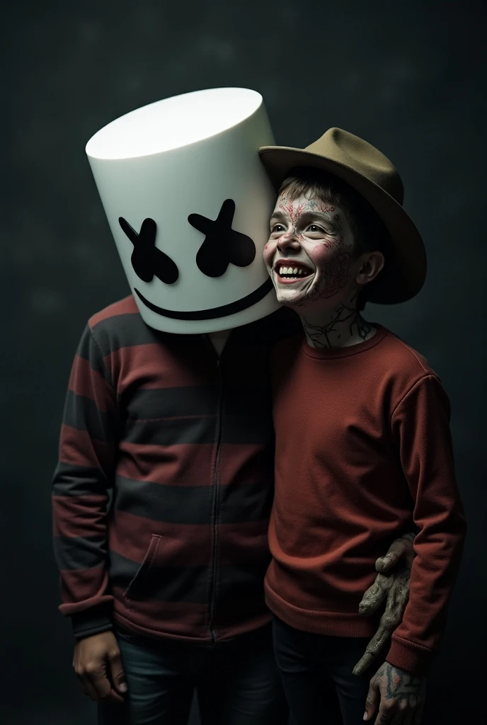 18-year-old boy with a DJ Marshmello helmet as his head next to the character of Freddy Kruger with his hat  