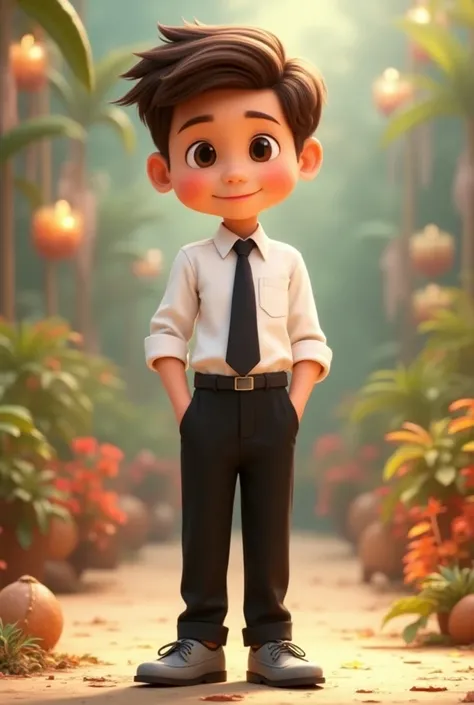 A boy s with brown hair He wears a white shirt with a black tie, black pants and gray shoes Disney Pixar