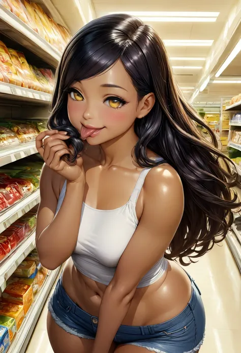 woman,  official illustration of anime art , yellow eyes, high, chubby, black skin, in the supermarket corridor ,  small breasts  , white crop top,  short ripped and tight denim shorts  , thick thighs, playing with hair,  smiling and licking their kisses, ...