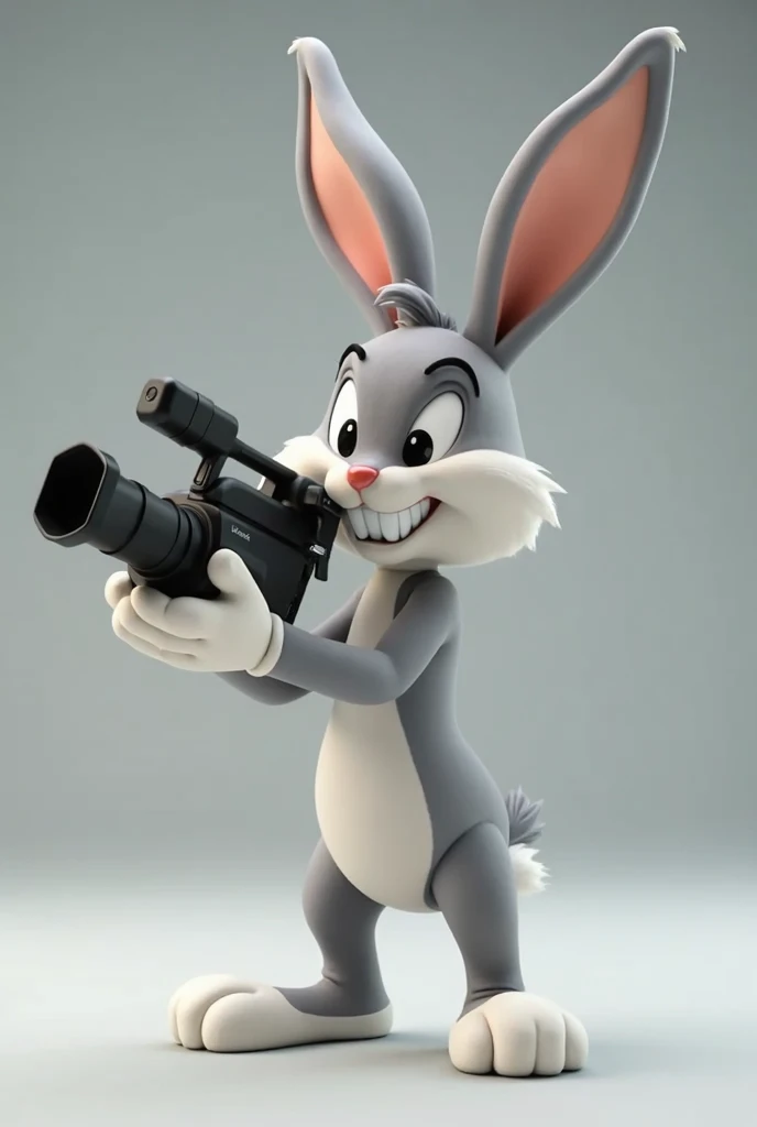 generate high quality image, 4k, 3d of the Bugs Bunny character in 3d, holding a camcorder, filming something, with a neutral background, cinema, 4k, 3d