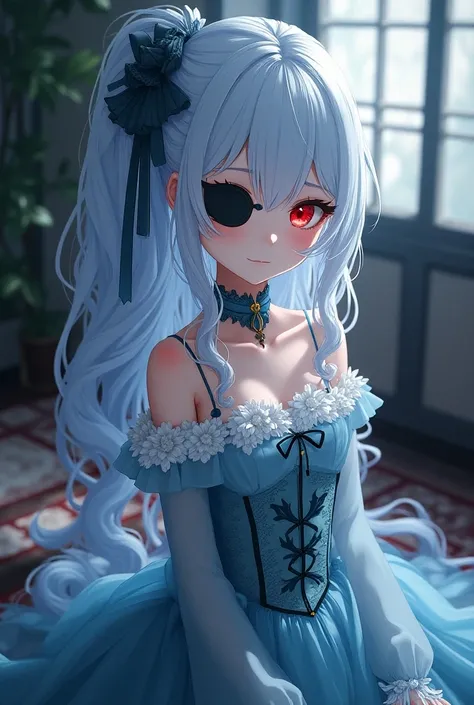 A beautiful blue-white haired girl with red eyes , Victorian era dress in blue with white details with a black patch on the left eye and with a scar in the background a tea room from the ancient noble era anime style 