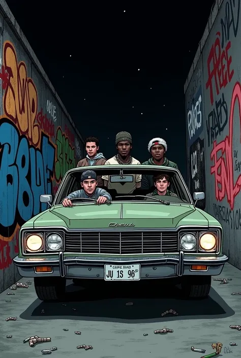  Illustration of a graffiti alley from the gangster underworld of the 90s in Los Angeles at night in a faceless cartoon style in black caps, cigarettes and alcohol  ,  4 boys 3 blacks and a white man riding in an old fishtail car  ,  boys with loose clothe...