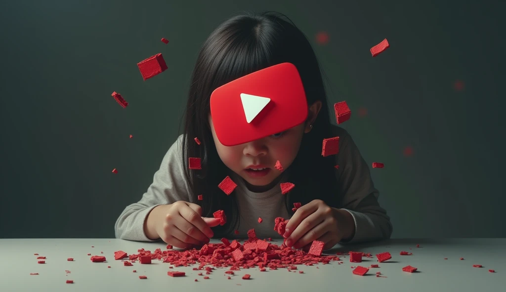 "A scene where a person is metaphorically dropping YouTube dreams—represented by a falling red play button that shatters on the ground. The character looks disappointed, with teary eyes, symbolizing emotional breakdown and lost hope." Or wo boy hai