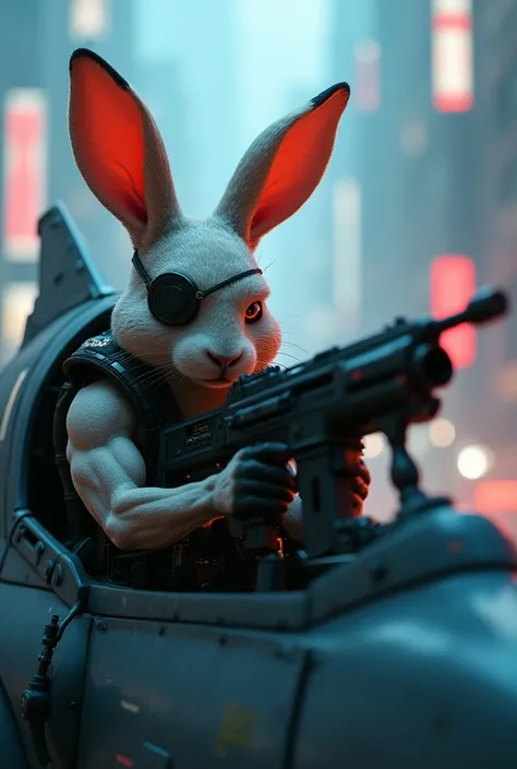 adult humanoid rabbit, with cyberpunk ,  aiming with a futuristic machine gun, with eye patch.  inside a warplane .  he is in the cockpit of the warplane. neon.  blurry cyberpunk style background 