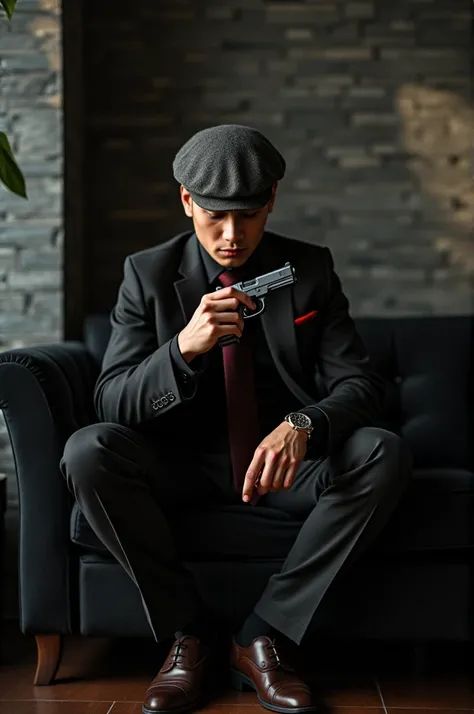 Bergaya photography ala mafia, in the morning in the coffee room , A young and handsome Sundanese man , wears an ash flatcap , wearing a black shirt suit ,red tie,black coat,black pants,black leather shoes,watch, looks neat and cool in a cool style , sitti...